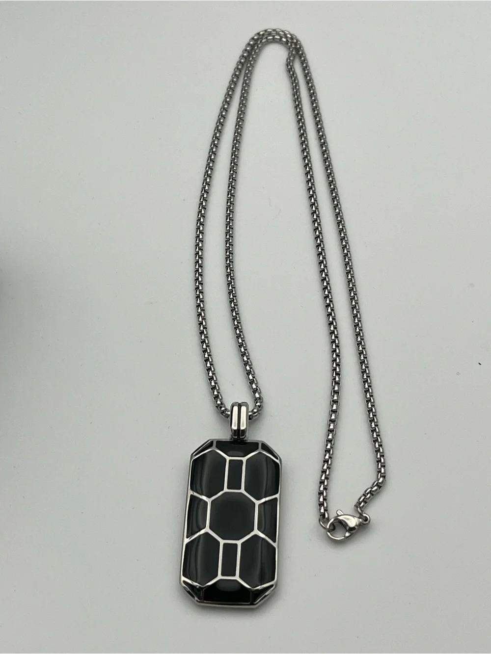 24”. Stainless Steel Dog Tag with Black Geometric Inlay